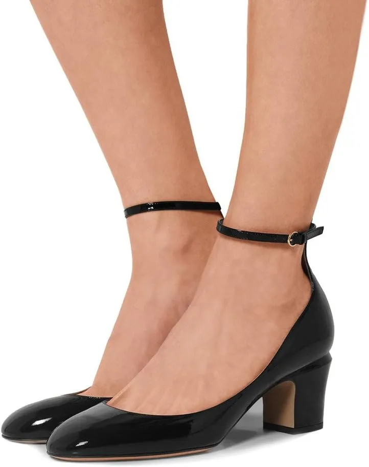 FSJ Women Retro Ankle Strap Mid Heels Dress Pump Almond Toe Patent Leather Shoes Size 4-15 US