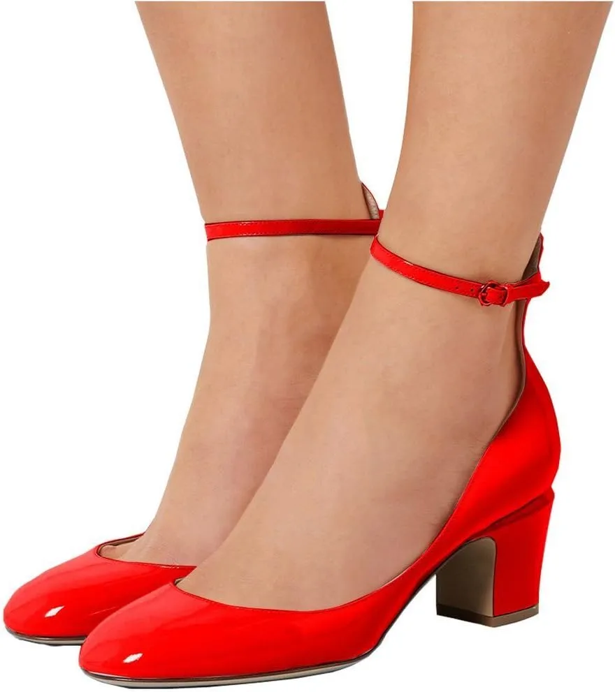 FSJ Women Retro Ankle Strap Mid Heels Dress Pump Almond Toe Patent Leather Shoes Size 4-15 US