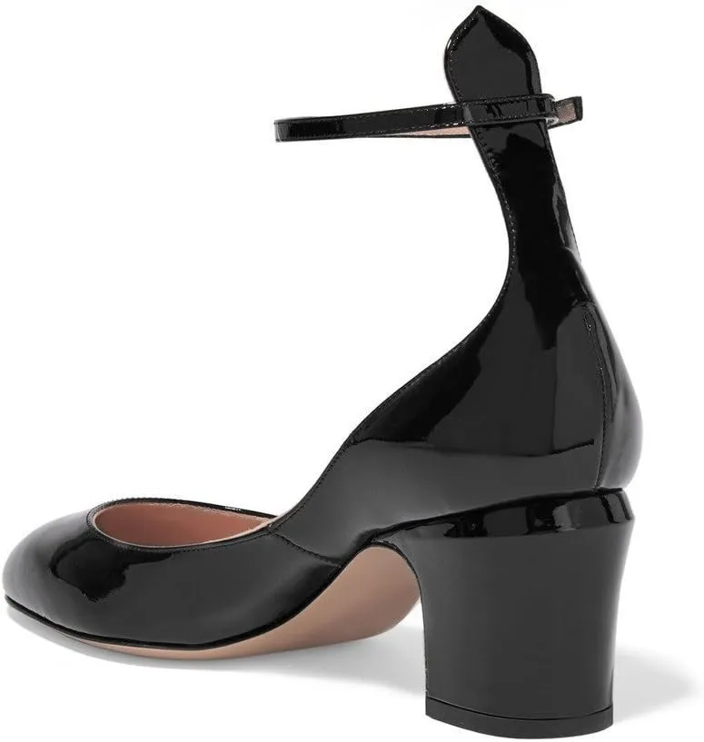 FSJ Women Retro Ankle Strap Mid Heels Dress Pump Almond Toe Patent Leather Shoes Size 4-15 US