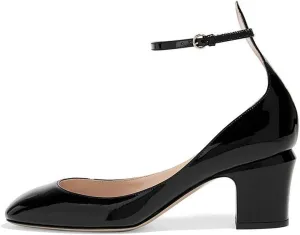 FSJ Women Retro Ankle Strap Mid Heels Dress Pump Almond Toe Patent Leather Shoes Size 4-15 US
