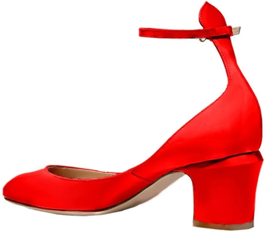 FSJ Women Retro Ankle Strap Mid Heels Dress Pump Almond Toe Patent Leather Shoes Size 4-15 US