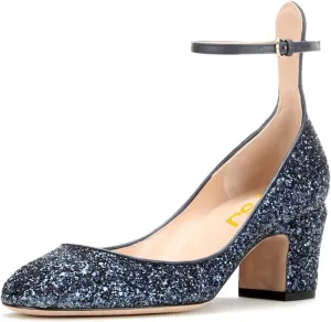 FSJ Women Retro Ankle Strap Mid Heels Dress Pump Almond Toe Patent Leather Shoes Size 4-15 US