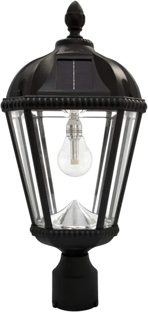 Gama Sonic Outdoor Solar Post Light, Black Aluminum, Royal Bulb, Rain Water Glass, Single Lamp with 3-inch Fitter for Lamp Posts Warm White LED, 98B012 (Upgraded Panel and Battery)