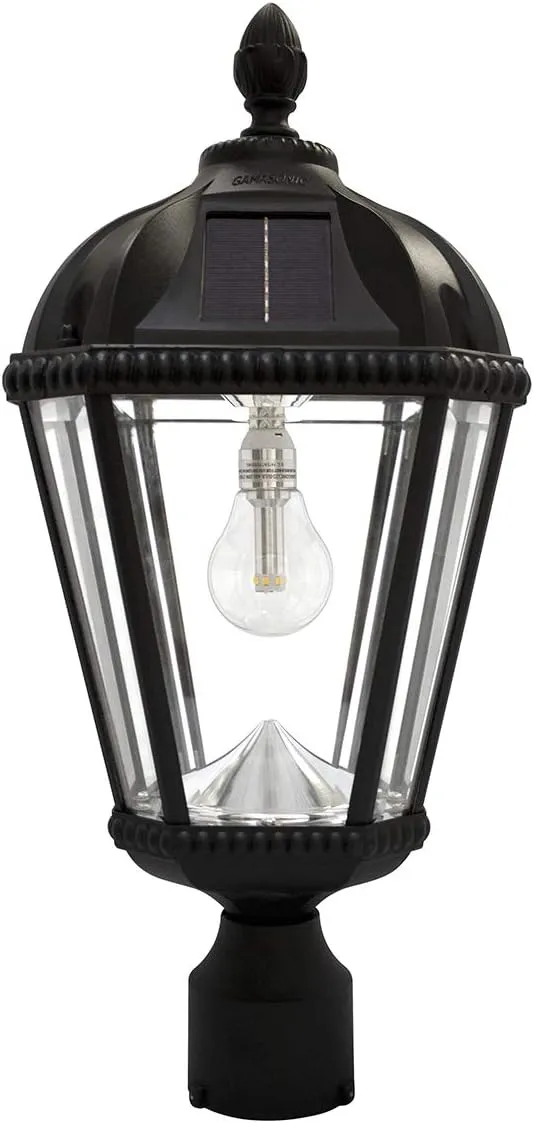 Gama Sonic Outdoor Solar Post Light, Black Aluminum, Royal Bulb, Rain Water Glass, Single Lamp with 3-inch Fitter for Lamp Posts Warm White LED, 98B012 (Upgraded Panel and Battery)