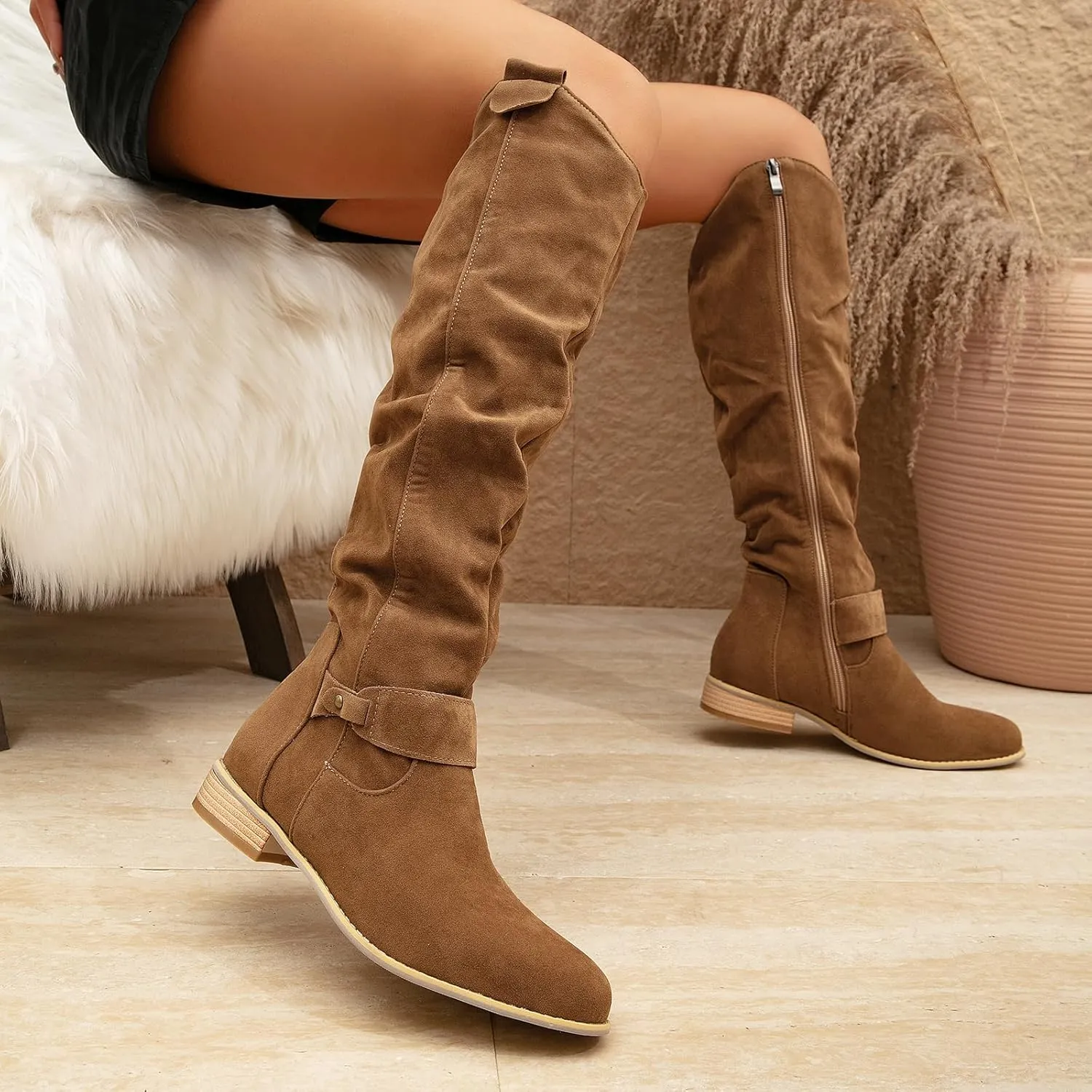 getmorebeauty Women's Winter Boots Knee High Boots Flat Suede Side Zipper Thigh High Boots