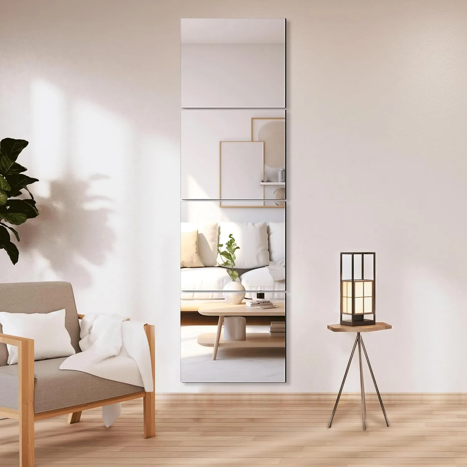 Glass Full Length Wall Mirror Tiles, 14'' x 12'' x 4PCS, Full Body Mirror for Bedroom, Full Length Mirror Wall Mounted for Home Gym, Door (14'' x12''-4PCS)