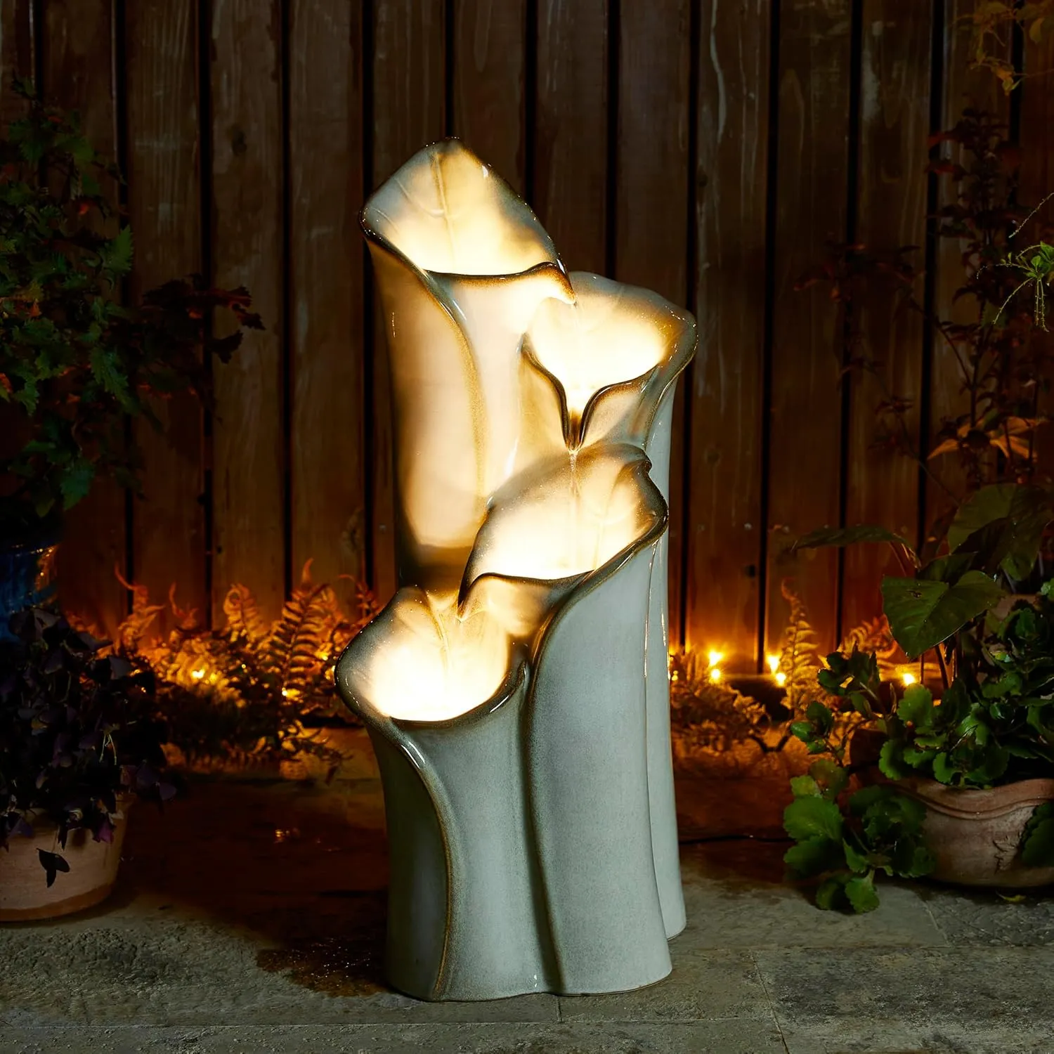 Glitzhome 31.25" H Outdoor Water Fountain with LED Lights and Pump, 4 Tier Sand Beige Lotus Leaf Textured Ceramic Floor Standing Fountain, Vase Waterfall Fountains for Porch Deck Garden Patio Backyard
