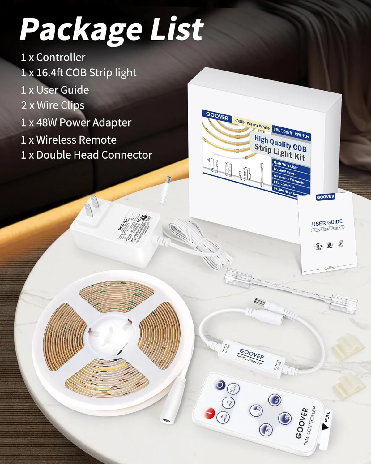 GOOVER COB LED Strip Lights Kit with Remote & 48W Power Supply, DC 12V 3000K Warm White 16.4ft Dimmable Tape Light, 150 LM/FT, 2.2W/FT, CRI 95 , High Density 1600 LEDs, UL Listed for Bedroom Kitchen