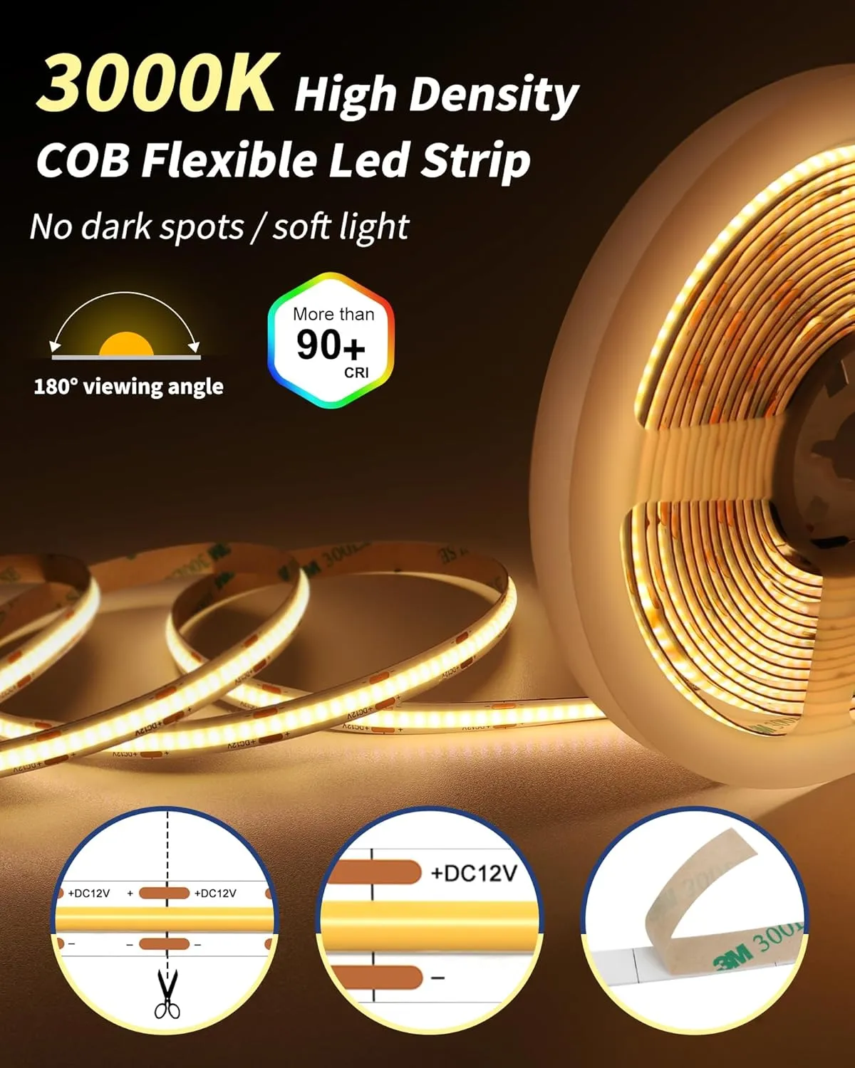 GOOVER COB LED Strip Lights Kit with Remote & 48W Power Supply, DC 12V 3000K Warm White 16.4ft Dimmable Tape Light, 150 LM/FT, 2.2W/FT, CRI 95 , High Density 1600 LEDs, UL Listed for Bedroom Kitchen