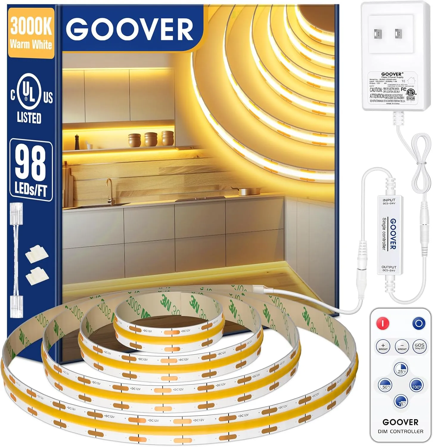GOOVER COB LED Strip Lights Kit with Remote & 48W Power Supply, DC 12V 3000K Warm White 16.4ft Dimmable Tape Light, 150 LM/FT, 2.2W/FT, CRI 95 , High Density 1600 LEDs, UL Listed for Bedroom Kitchen