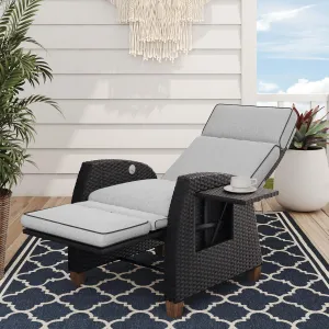 Grand patio Outdoor Recliner Chair Patio 150° Lay Flat Recliner with Flip Table Wicker Reclining Lounge Chair, Griege