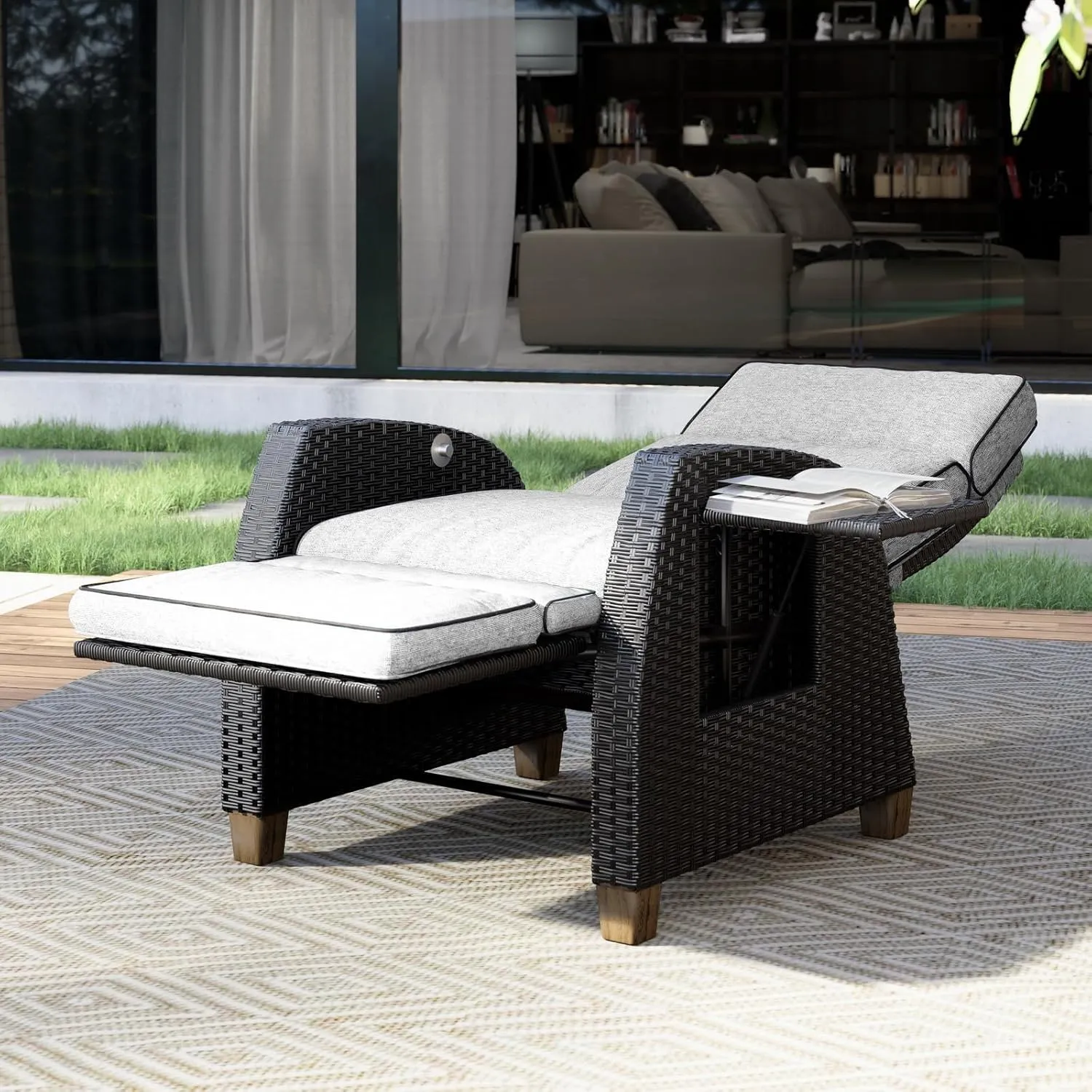Grand patio Outdoor Recliner Chair Patio 150° Lay Flat Recliner with Flip Table Wicker Reclining Lounge Chair, Griege