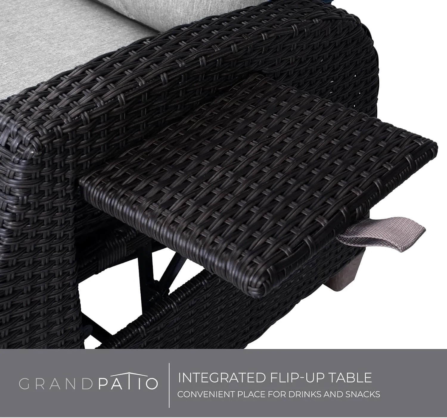 Grand patio Outdoor Recliner Chair Patio 150° Lay Flat Recliner with Flip Table Wicker Reclining Lounge Chair, Griege
