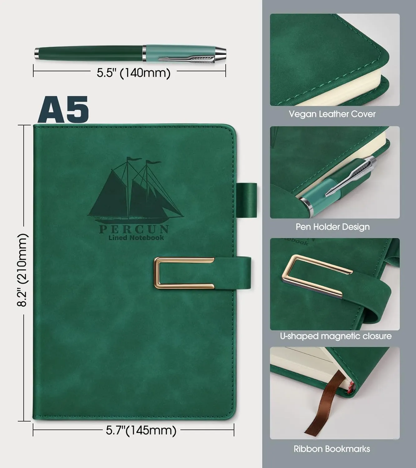 Green Leather Lined Notebook Journal for Women Men，A5 Hardcover Notebooks for Work，Note taking，Travel，Daily Journals for Writing，160 Pages 100 GSM Thick Ruled Paper with Pen Diary 5.7" x 8.2"