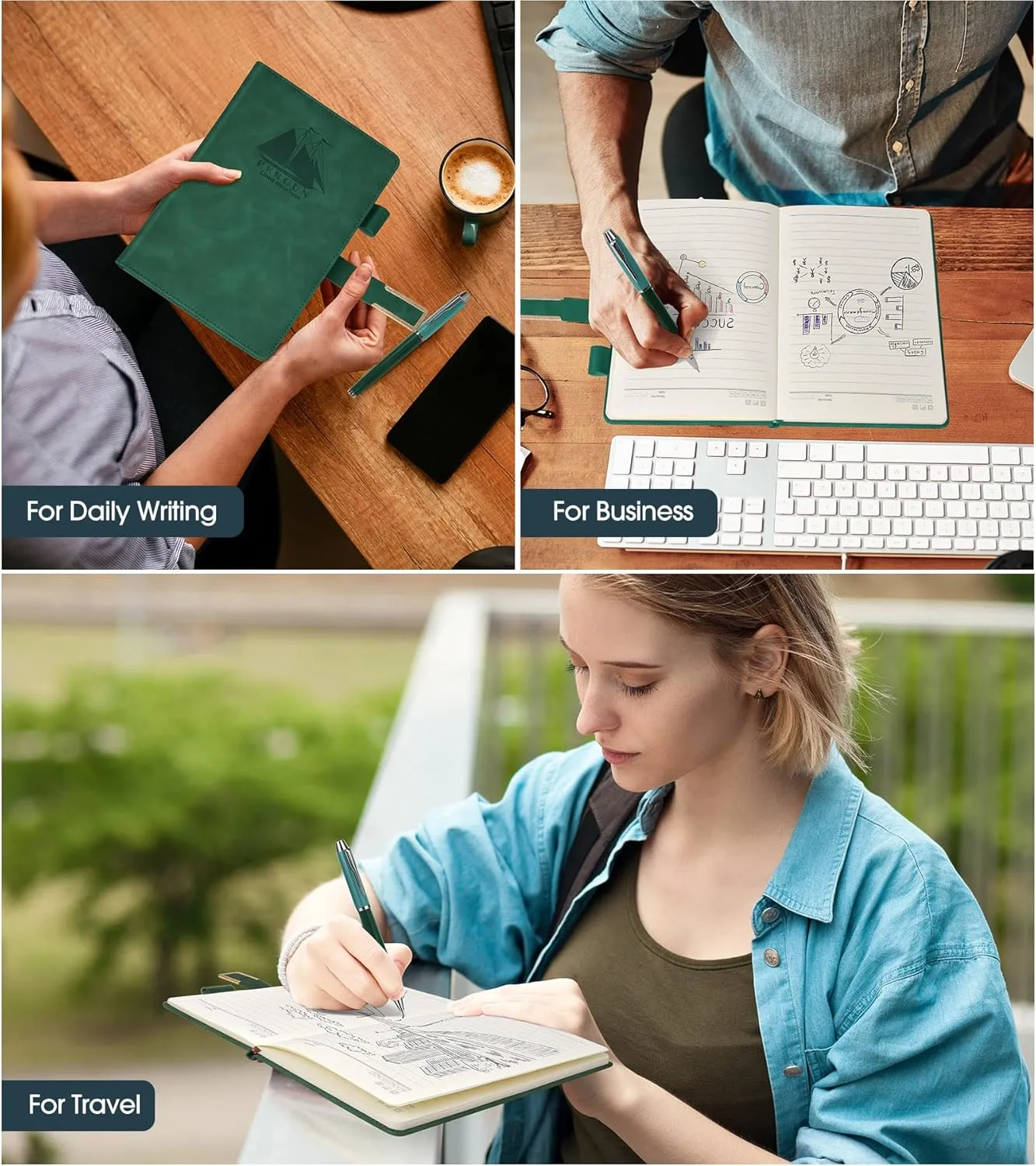 Green Leather Lined Notebook Journal for Women Men，A5 Hardcover Notebooks for Work，Note taking，Travel，Daily Journals for Writing，160 Pages 100 GSM Thick Ruled Paper with Pen Diary 5.7" x 8.2"