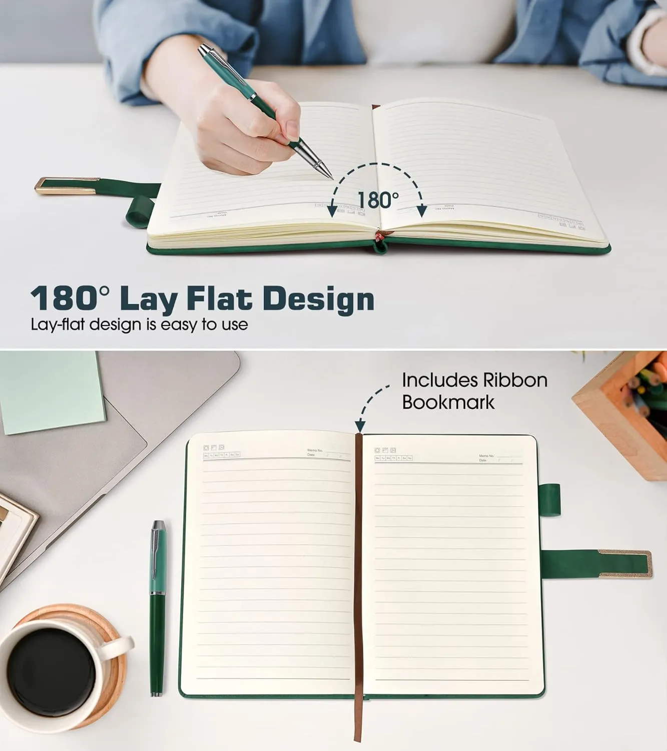 Green Leather Lined Notebook Journal for Women Men，A5 Hardcover Notebooks for Work，Note taking，Travel，Daily Journals for Writing，160 Pages 100 GSM Thick Ruled Paper with Pen Diary 5.7" x 8.2"