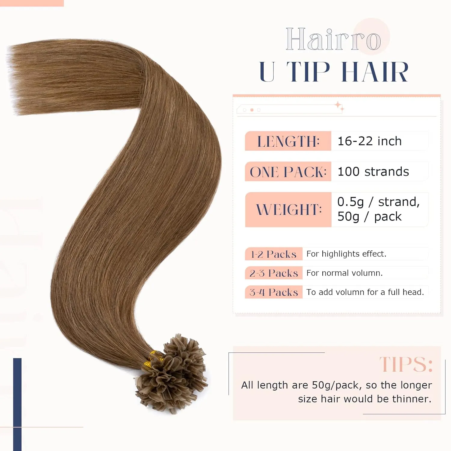 Hairro Pre Bonded Fushion Hair Extensions Nail Tip Human Hair Keratin U Tip Hairpieces Utip Remy Natural Glue Stick Flat Tipped Hairpiece For Women 100 Strands 18" 50g #06 Light Brown