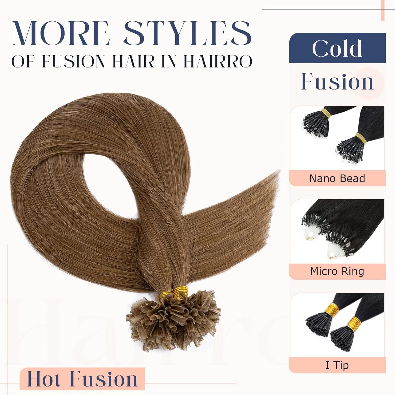 Hairro Pre Bonded Fushion Hair Extensions Nail Tip Human Hair Keratin U Tip Hairpieces Utip Remy Natural Glue Stick Flat Tipped Hairpiece For Women 100 Strands 18" 50g #06 Light Brown
