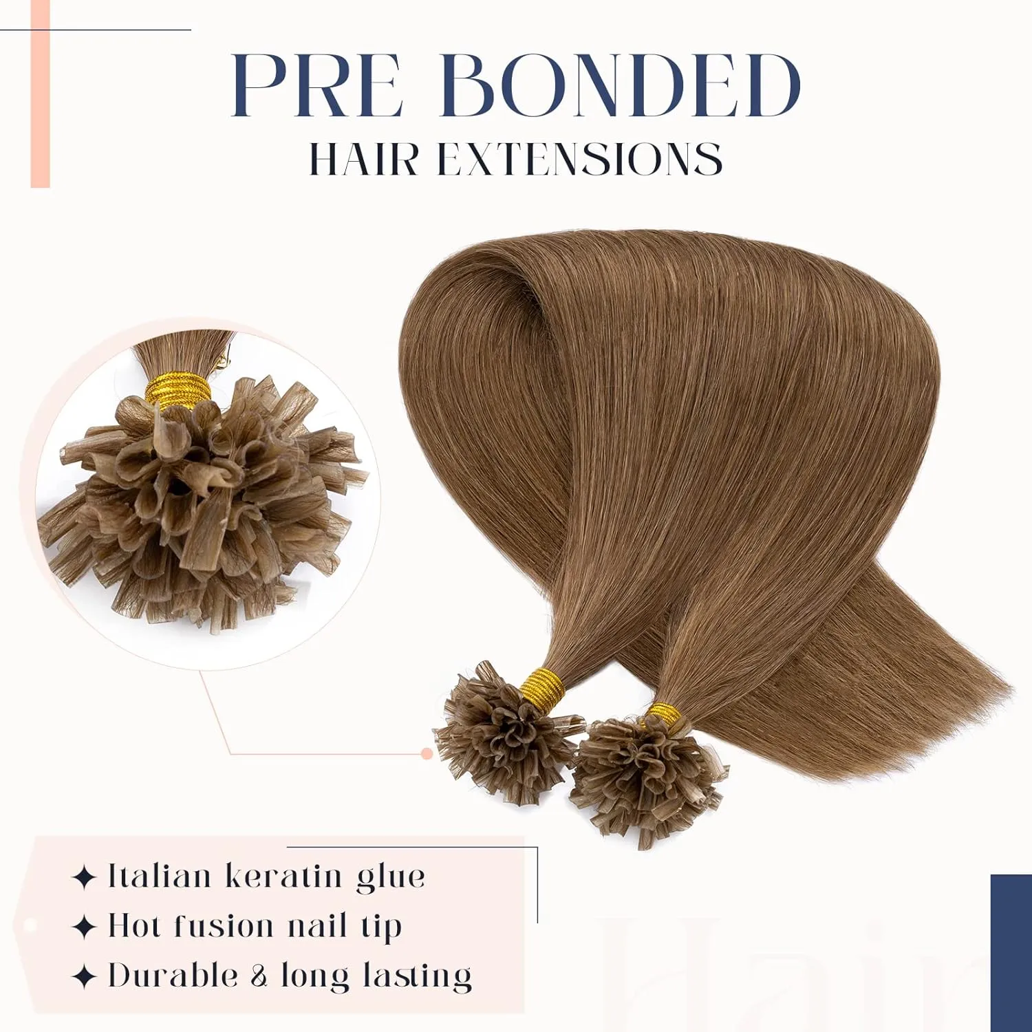 Hairro Pre Bonded Fushion Hair Extensions Nail Tip Human Hair Keratin U Tip Hairpieces Utip Remy Natural Glue Stick Flat Tipped Hairpiece For Women 100 Strands 18" 50g #06 Light Brown