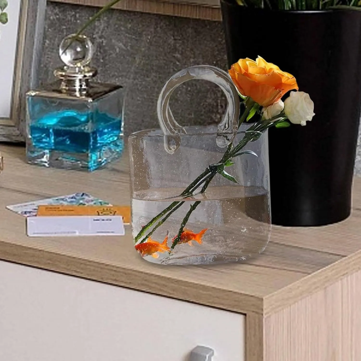 Hand Bag Shape Clear Vase - Unique Decorative Flower Holder, Transparent Acrylic Design | Glass Vases Fish Bowl Handmade Flowers Vase, Flower Arrangement Fishes Tank and Glasses Vase for Home Decors