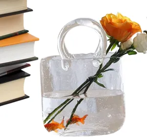 Hand Bag Shape Clear Vase - Unique Decorative Flower Holder, Transparent Acrylic Design | Glass Vases Fish Bowl Handmade Flowers Vase, Flower Arrangement Fishes Tank and Glasses Vase for Home Decors