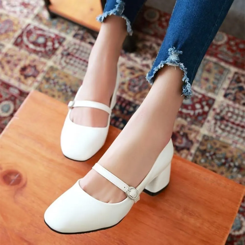 Hee grand Vintage Mary Jane Shoes Chunky Heels for Women Square Toe Adjustable Strap Pump PU Leather Brogue Work Heels Dress Shoes