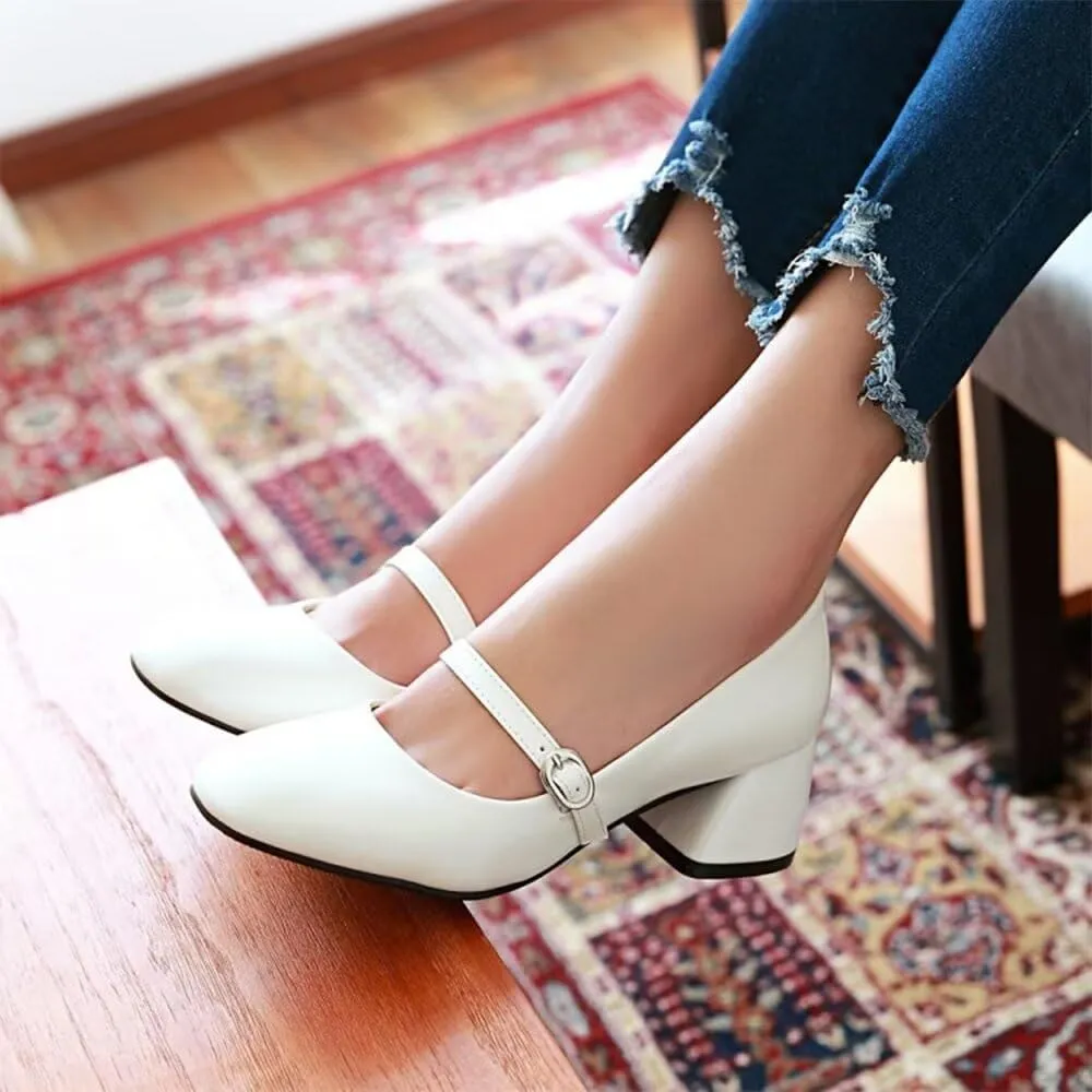 Hee grand Vintage Mary Jane Shoes Chunky Heels for Women Square Toe Adjustable Strap Pump PU Leather Brogue Work Heels Dress Shoes