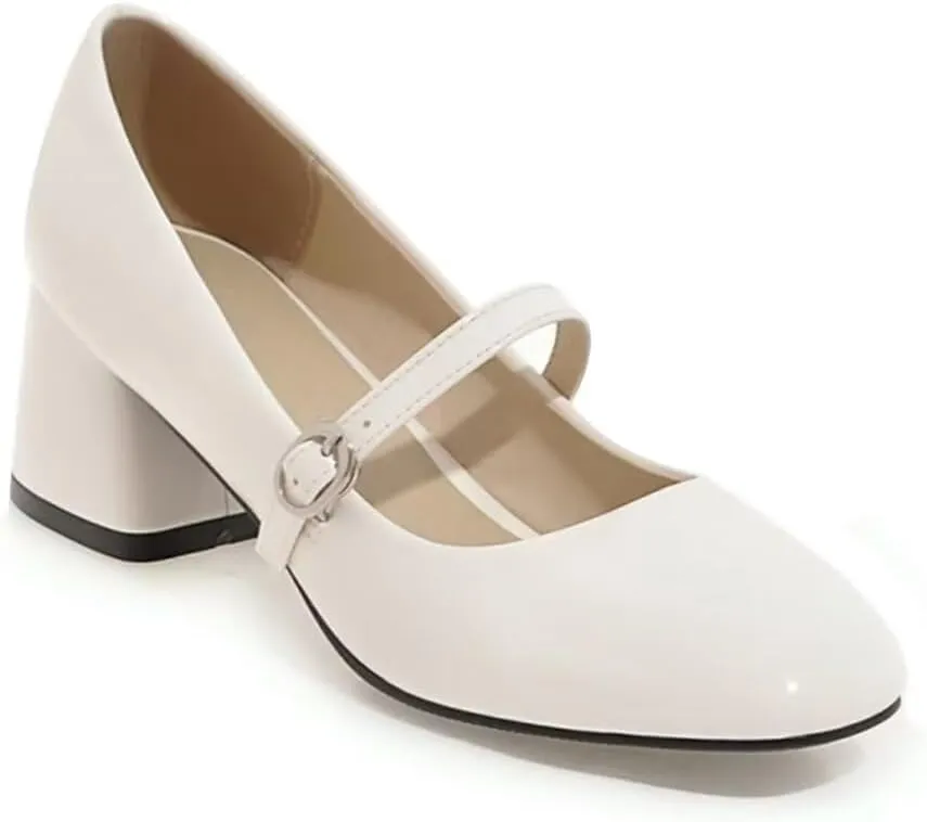 Hee grand Vintage Mary Jane Shoes Chunky Heels for Women Square Toe Adjustable Strap Pump PU Leather Brogue Work Heels Dress Shoes