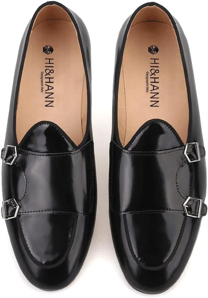 HI&HANN Black Hand-Polished Calfskin Patchwork Velvet Double-Monk Belgian Loafers for Party and Prom Men's Smoking Slippers