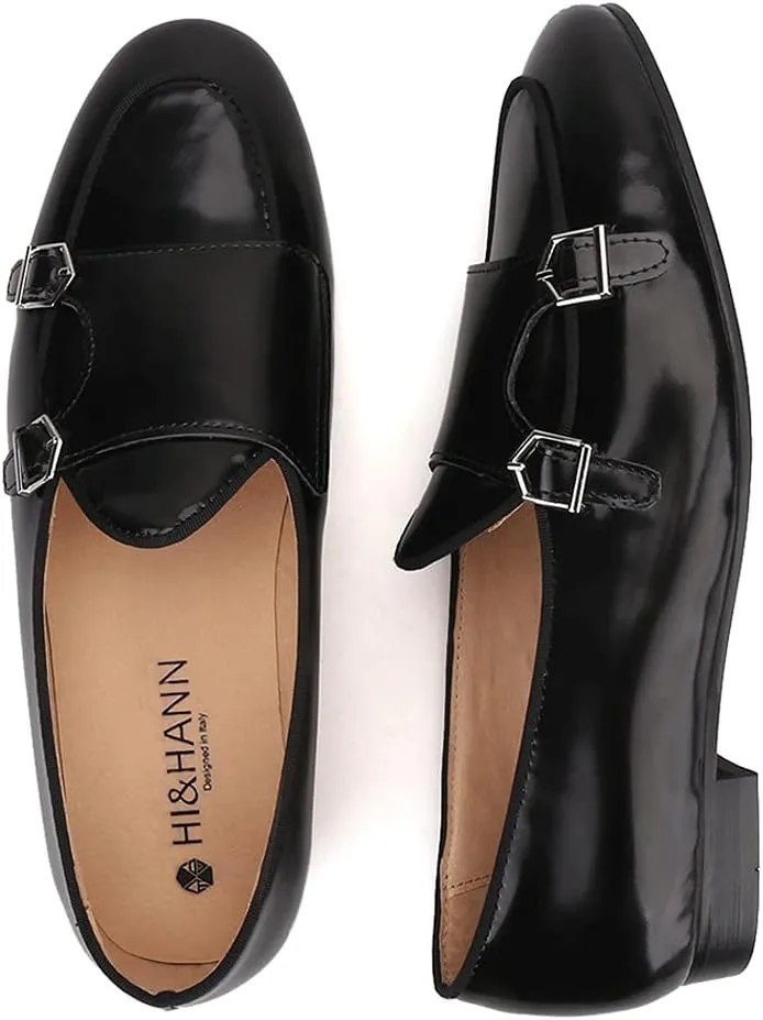 HI&HANN Black Hand-Polished Calfskin Patchwork Velvet Double-Monk Belgian Loafers for Party and Prom Men's Smoking Slippers