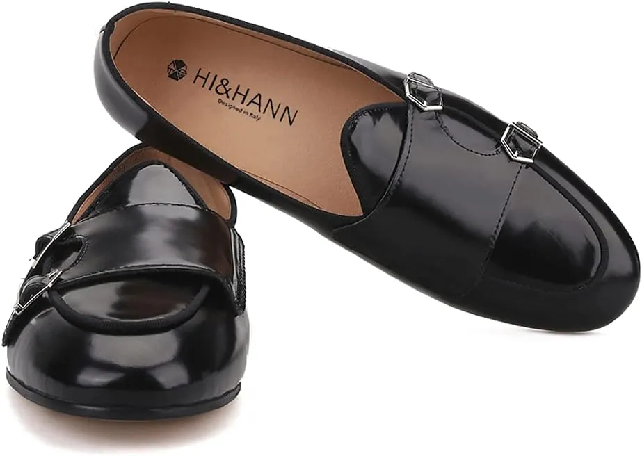 HI&HANN Black Hand-Polished Calfskin Patchwork Velvet Double-Monk Belgian Loafers for Party and Prom Men's Smoking Slippers