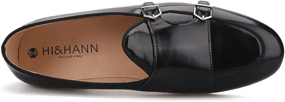 HI&HANN Black Hand-Polished Calfskin Patchwork Velvet Double-Monk Belgian Loafers for Party and Prom Men's Smoking Slippers