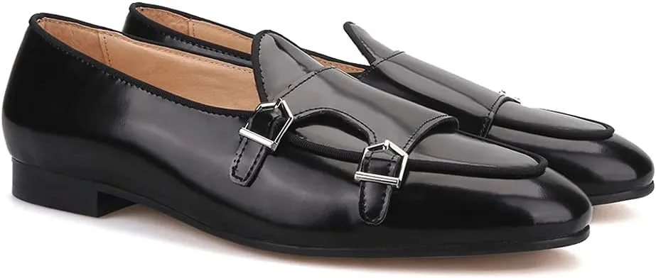 HI&HANN Black Hand-Polished Calfskin Patchwork Velvet Double-Monk Belgian Loafers for Party and Prom Men's Smoking Slippers