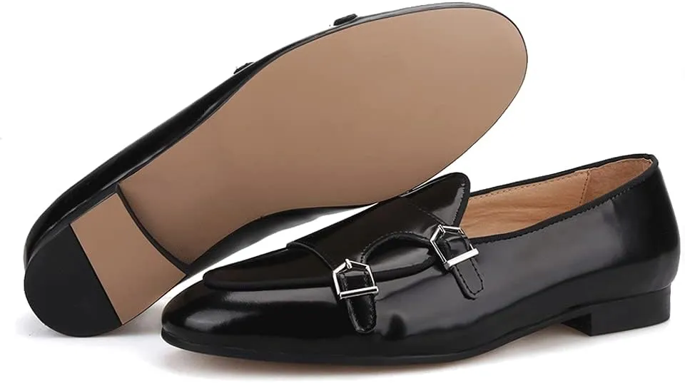 HI&HANN Black Hand-Polished Calfskin Patchwork Velvet Double-Monk Belgian Loafers for Party and Prom Men's Smoking Slippers