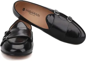 HI&HANN Black Hand-Polished Calfskin Patchwork Velvet Double-Monk Belgian Loafers for Party and Prom Men's Smoking Slippers