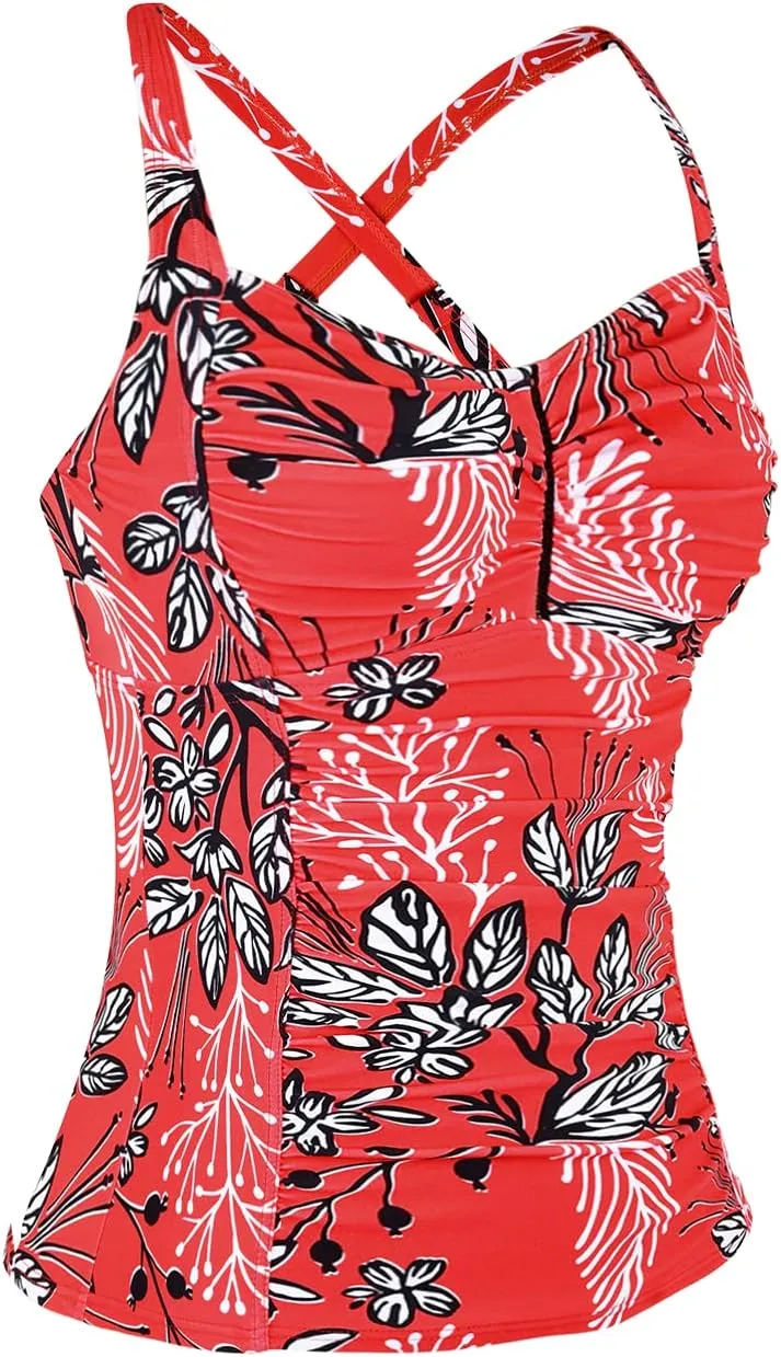 Hilor Women's Tankini Tops Shirred Tummy Control Swimsuits Cross Back Tankini Swimwear Tops