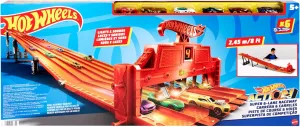 Hot Wheels Toy Car Track Set with Lights, Sounds & 6 1:64 Scale Vehicles, Super 6-Lane Raceway, 8-foot Track that Rolls Up for Storage (Amazon Exclusive)
