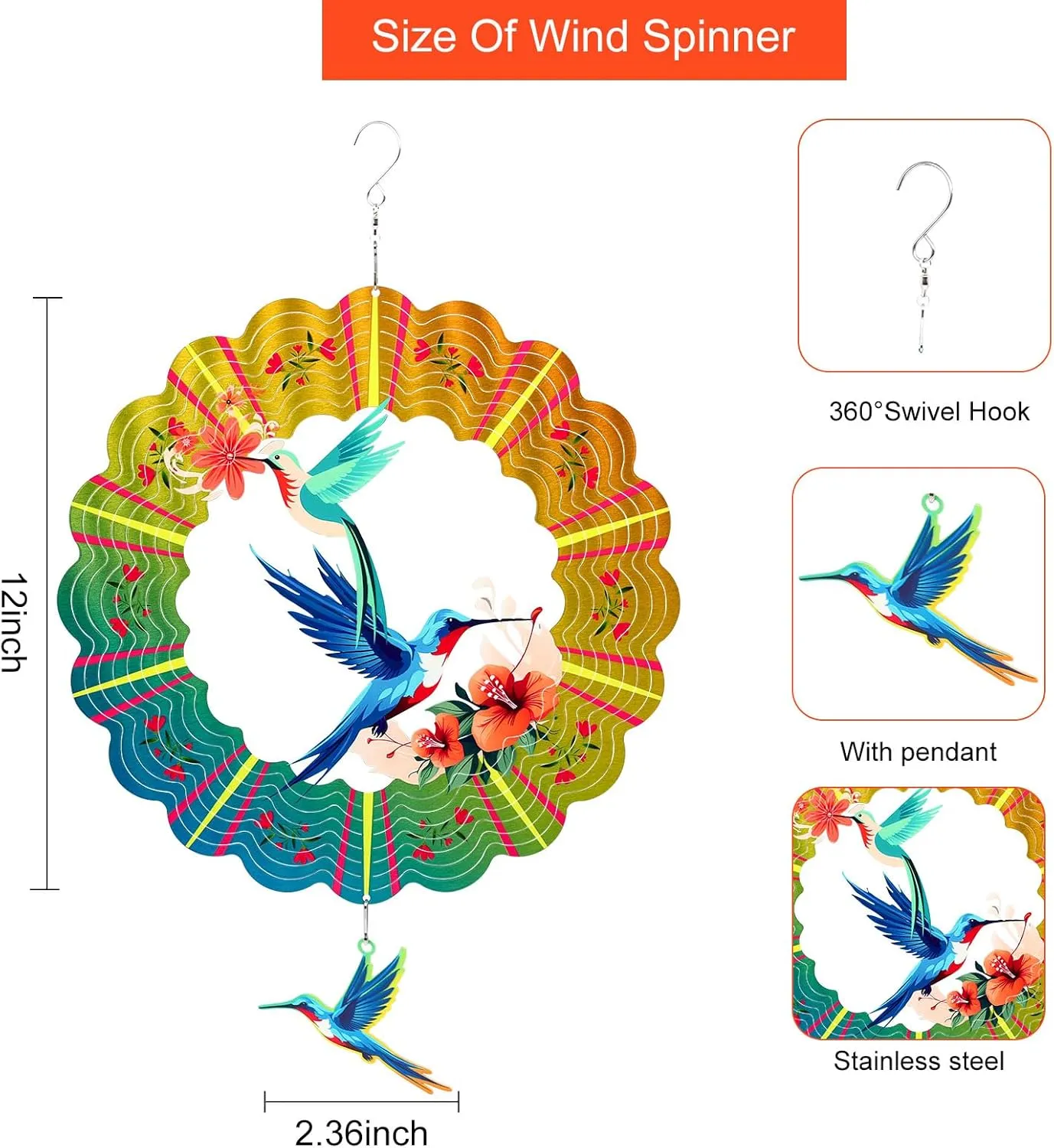 Hummingbird Metal Wind Spinners, for Women Mom Grandma Wife Men, 12 inch 3D Stainless Steel Hanging Wind Spinner for Outdoor Indoor Yard Art Garden Christmas Decorations