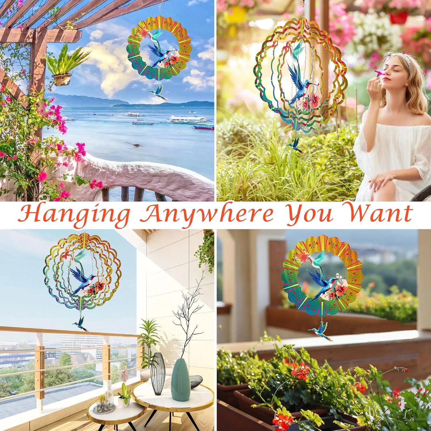 Hummingbird Metal Wind Spinners, for Women Mom Grandma Wife Men, 12 inch 3D Stainless Steel Hanging Wind Spinner for Outdoor Indoor Yard Art Garden Christmas Decorations