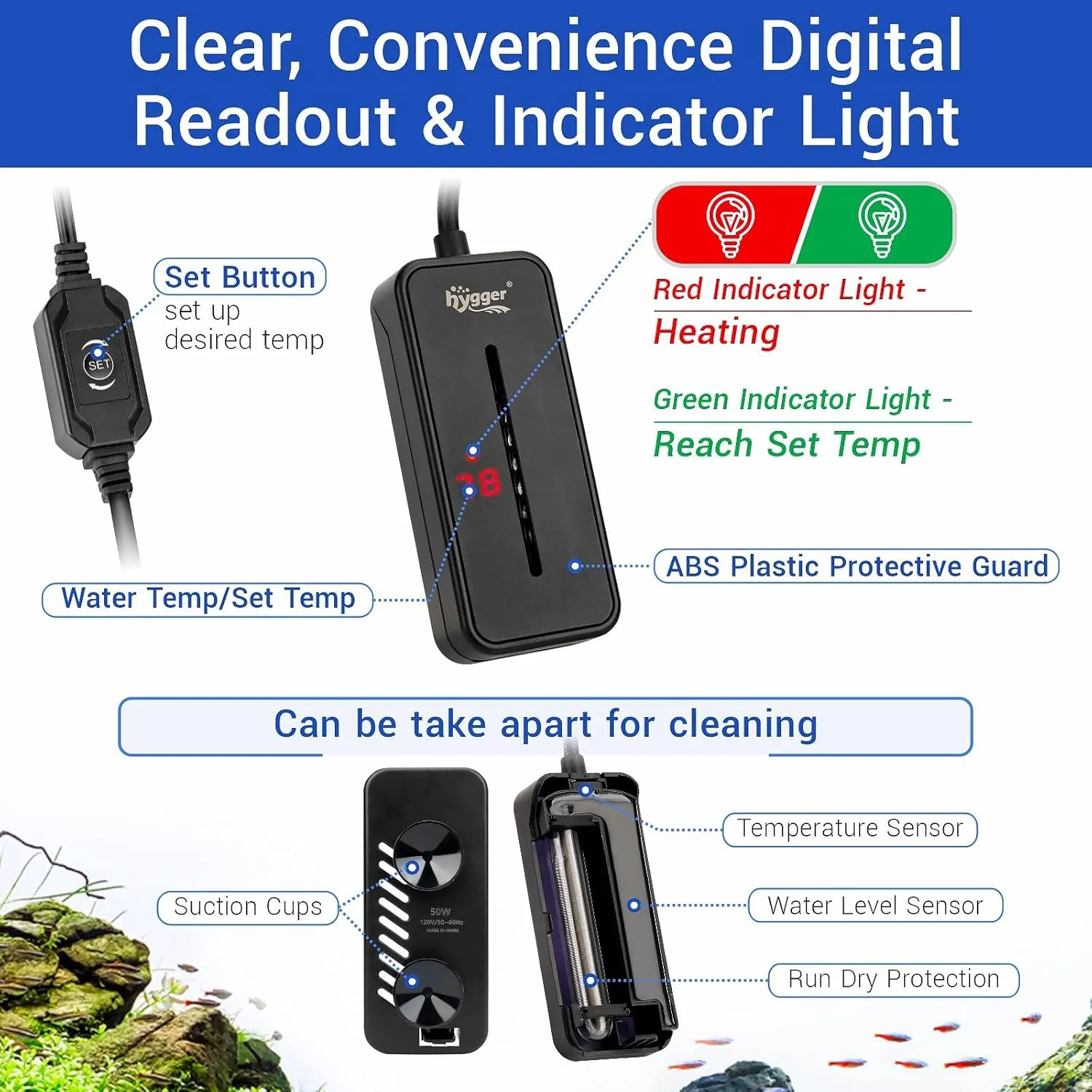 hygger Small Submersible Aquarium Heater 50W Mini Betta Fish Tank Heater with Thermostat for 0.5-2.5 Gallon Saltwater Freshwater