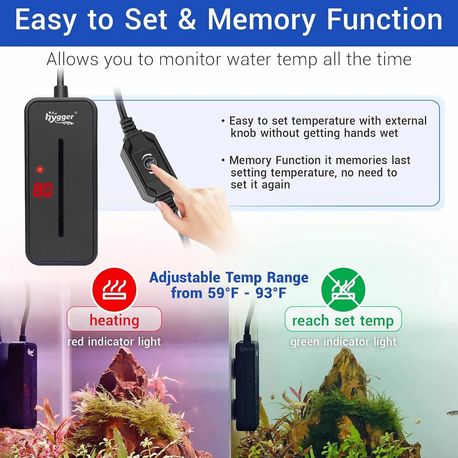hygger Small Submersible Aquarium Heater 50W Mini Betta Fish Tank Heater with Thermostat for 0.5-2.5 Gallon Saltwater Freshwater