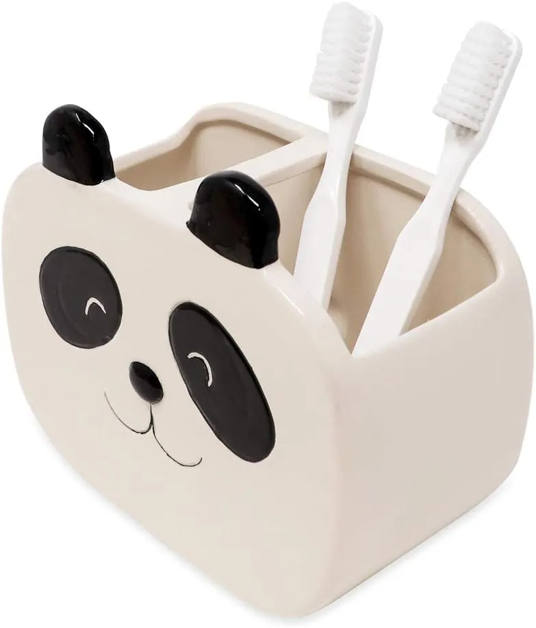 Isaac Jacobs Black and White Ceramic Panda Makeup Brush Holder, Multi-Purpose 2-Section Organizer. Bathroom, Kitchen, Bedroom, Office Décor (2-Section Cup, Panda)