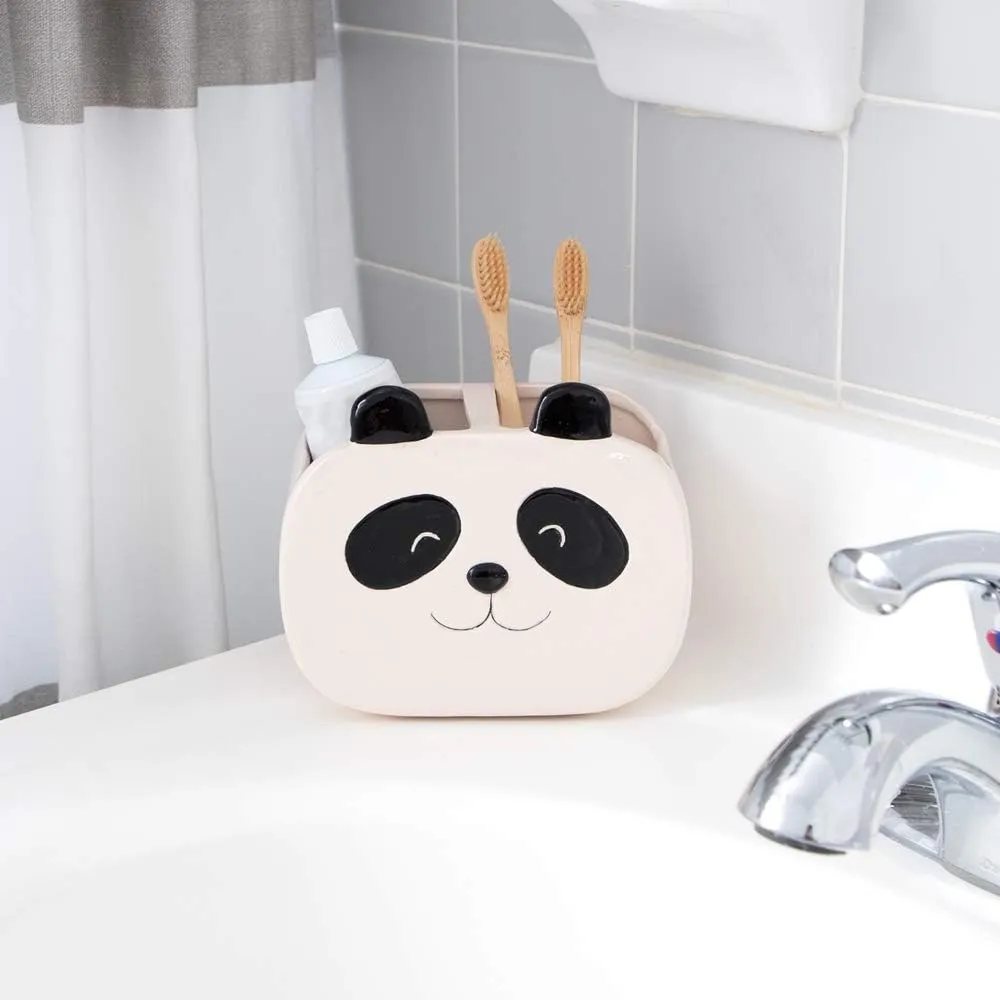 Isaac Jacobs Black and White Ceramic Panda Makeup Brush Holder, Multi-Purpose 2-Section Organizer. Bathroom, Kitchen, Bedroom, Office Décor (2-Section Cup, Panda)