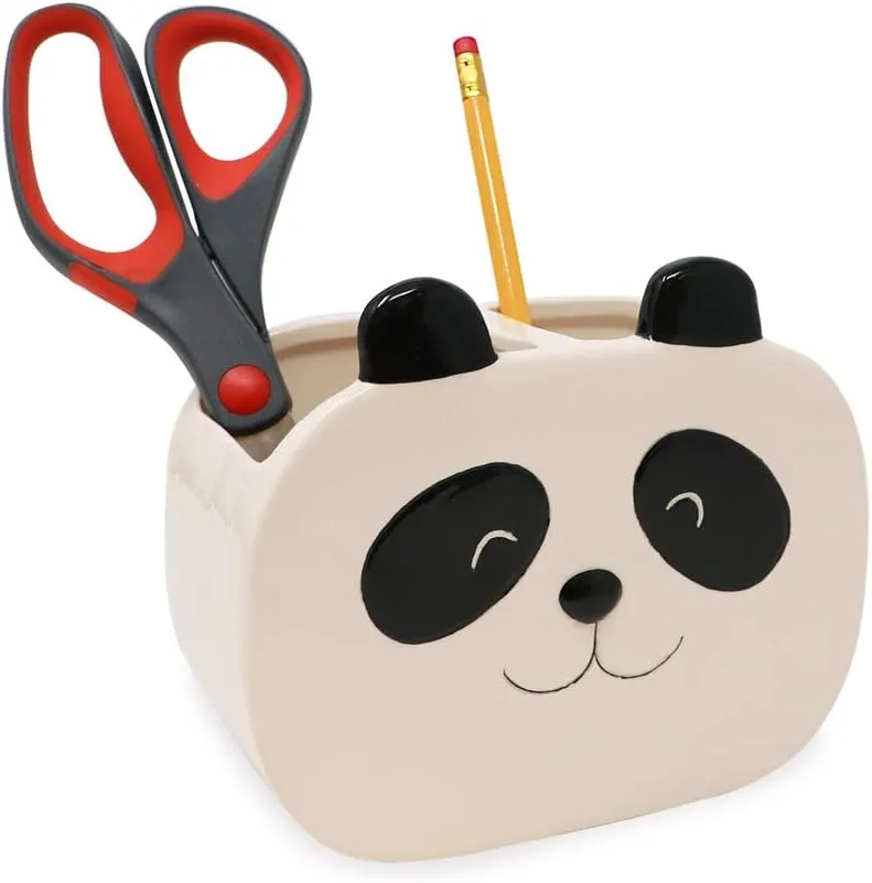 Isaac Jacobs Black and White Ceramic Panda Makeup Brush Holder, Multi-Purpose 2-Section Organizer. Bathroom, Kitchen, Bedroom, Office Décor (2-Section Cup, Panda)