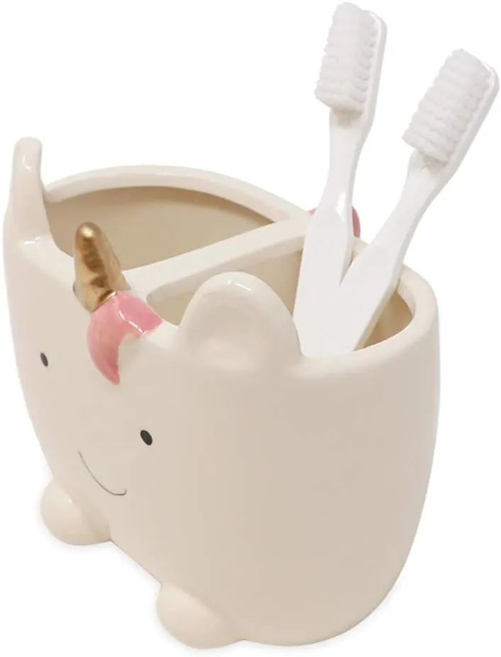 Isaac Jacobs White Ceramic Unicorn Makeup Brush Holder, Multi-Purpose 2-Section Organizer. Bathroom, Kitchen, Bedroom, Office Décor (2-Section Cup, Unicorn)