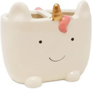 Isaac Jacobs White Ceramic Unicorn Makeup Brush Holder, Multi-Purpose 2-Section Organizer. Bathroom, Kitchen, Bedroom, Office Décor (2-Section Cup, Unicorn)