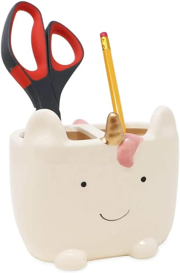 Isaac Jacobs White Ceramic Unicorn Makeup Brush Holder, Multi-Purpose 2-Section Organizer. Bathroom, Kitchen, Bedroom, Office Décor (2-Section Cup, Unicorn)