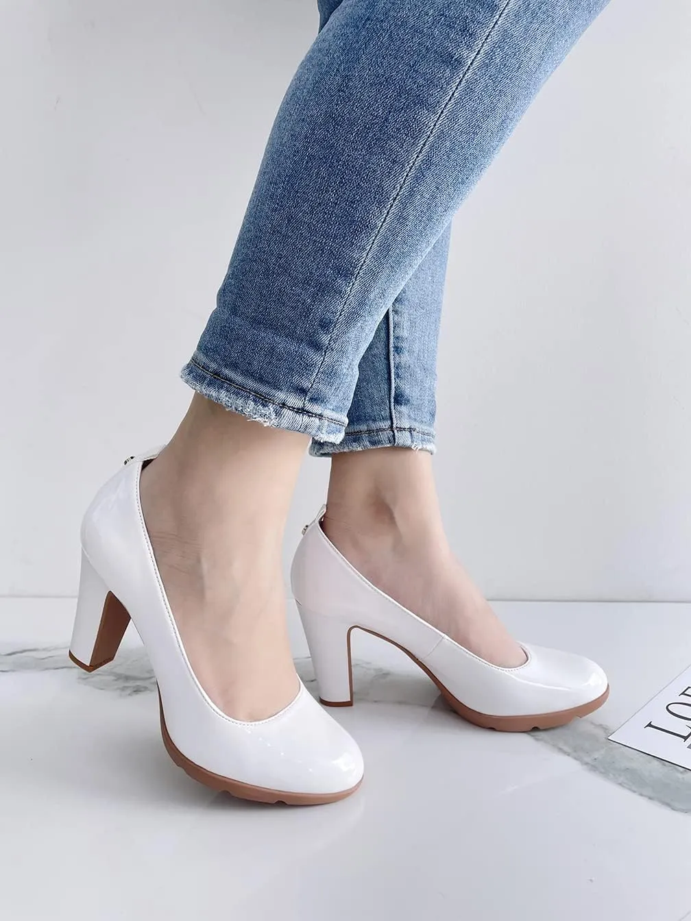 JENN ARDOR Women's Pumps Closed Round Toe Block High Heels 3 inch Leather Pump Shoes