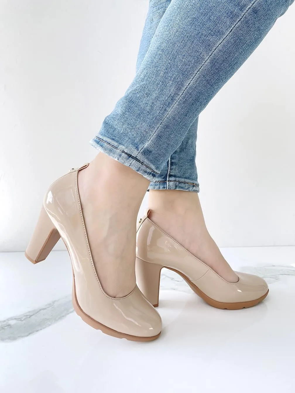 JENN ARDOR Women's Pumps Closed Round Toe Block High Heels 3 inch Leather Pump Shoes