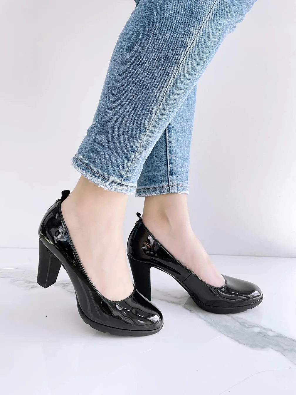 JENN ARDOR Women's Pumps Closed Round Toe Block High Heels 3 inch Leather Pump Shoes